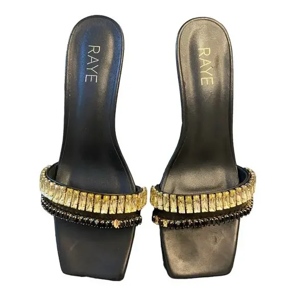 Raye Lavan Leather Heels Mule Crystal Embellishments Square Toe Black Size 8 - Picture 9 of 13